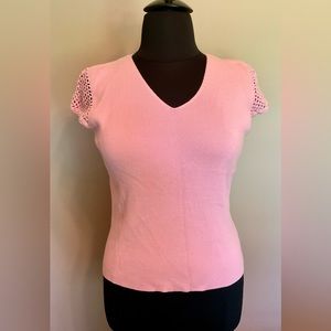 NWT Relativity pink sweater with crochet cap sleeve. Size L